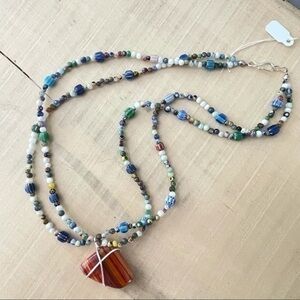 $49 SALE Handmade Millefiori Glass Bead & Wire Wrap Necklace 21.5” Coastal Long